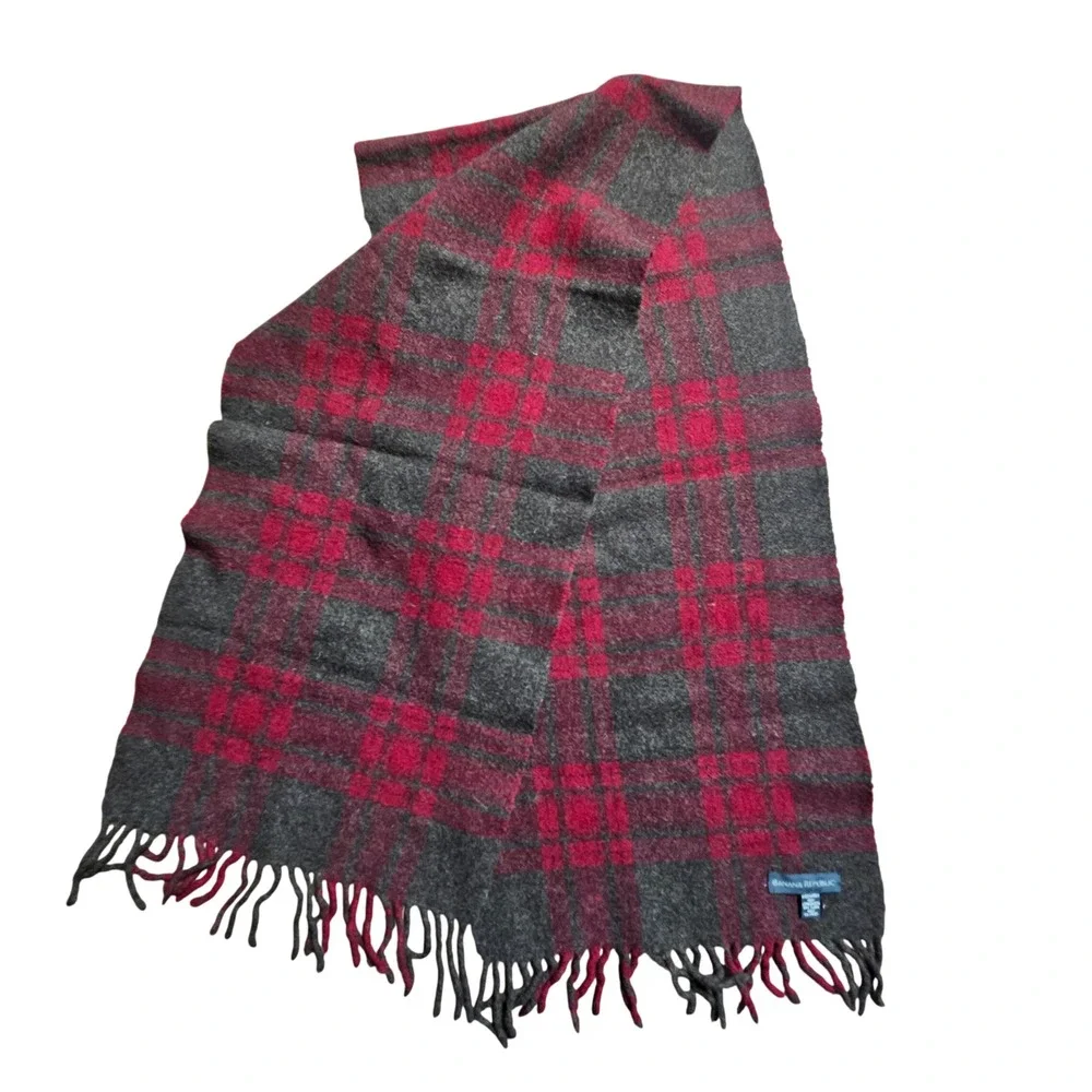 Banana Republic 100% Lambswool Plaid Scarf Fringe Red Made in Italy 90s Grunge